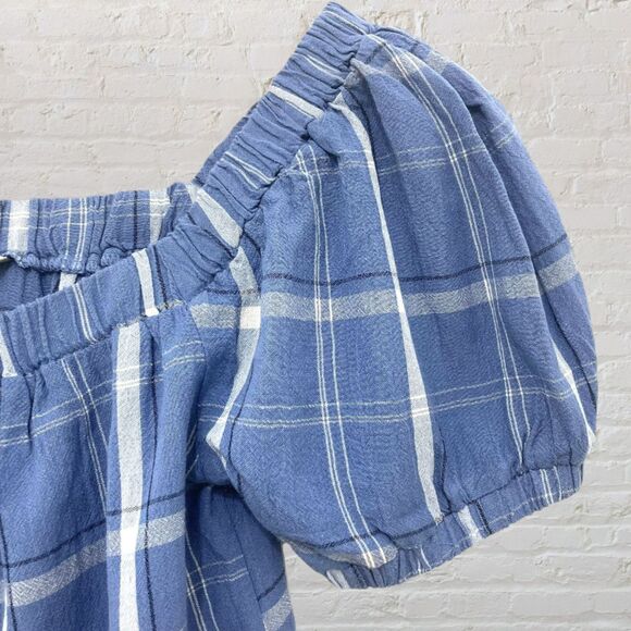 Clockhouse Off Shoulder Top S Blue Plaid Puff Sleeve Button Front Boho - Picture 6 of 11